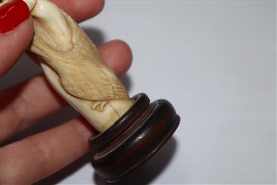 A Japanese ivory cane handle, a faux amber lion-dog and an enamel and ivory pill box